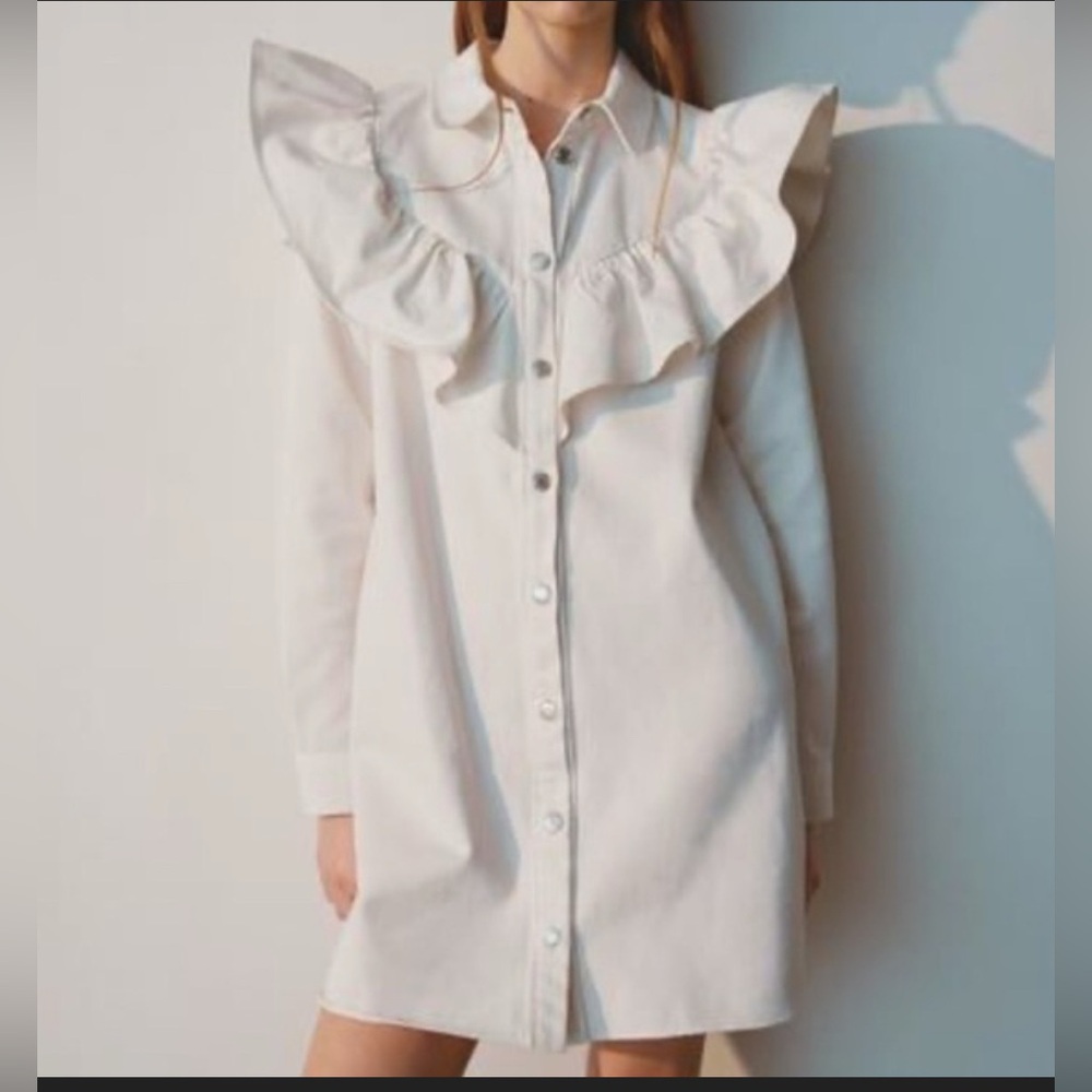 White Denim Ruffle Shirt Dress